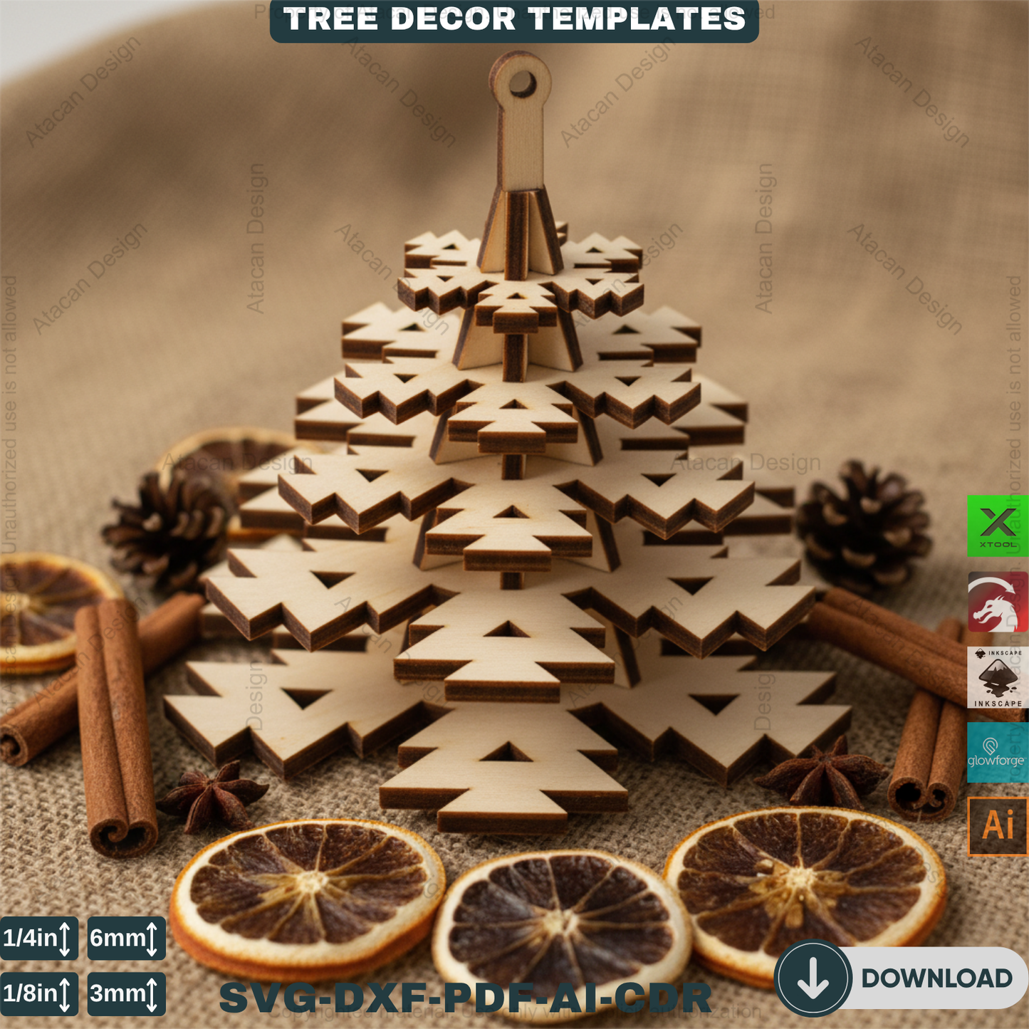 3D Christmas Tree Laser Cut File, Rustic Snowflake Holiday Decor, DIY Winter Tabletop Centerpiece for Glowforge & xTool 908