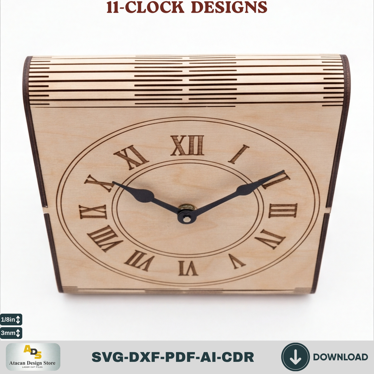 Laser Cut Plywood Desk Clock Pattern, Bent Wood Mantel Clock Template, Glowforge xTool Ready 987