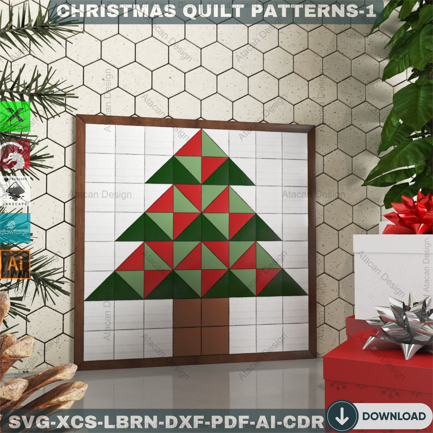 DIY Christmas Wall Art SVG, Festive Barn Quilt Pattern Collection, Laser Cut Files for Farmhouse Holiday Decor & Signs