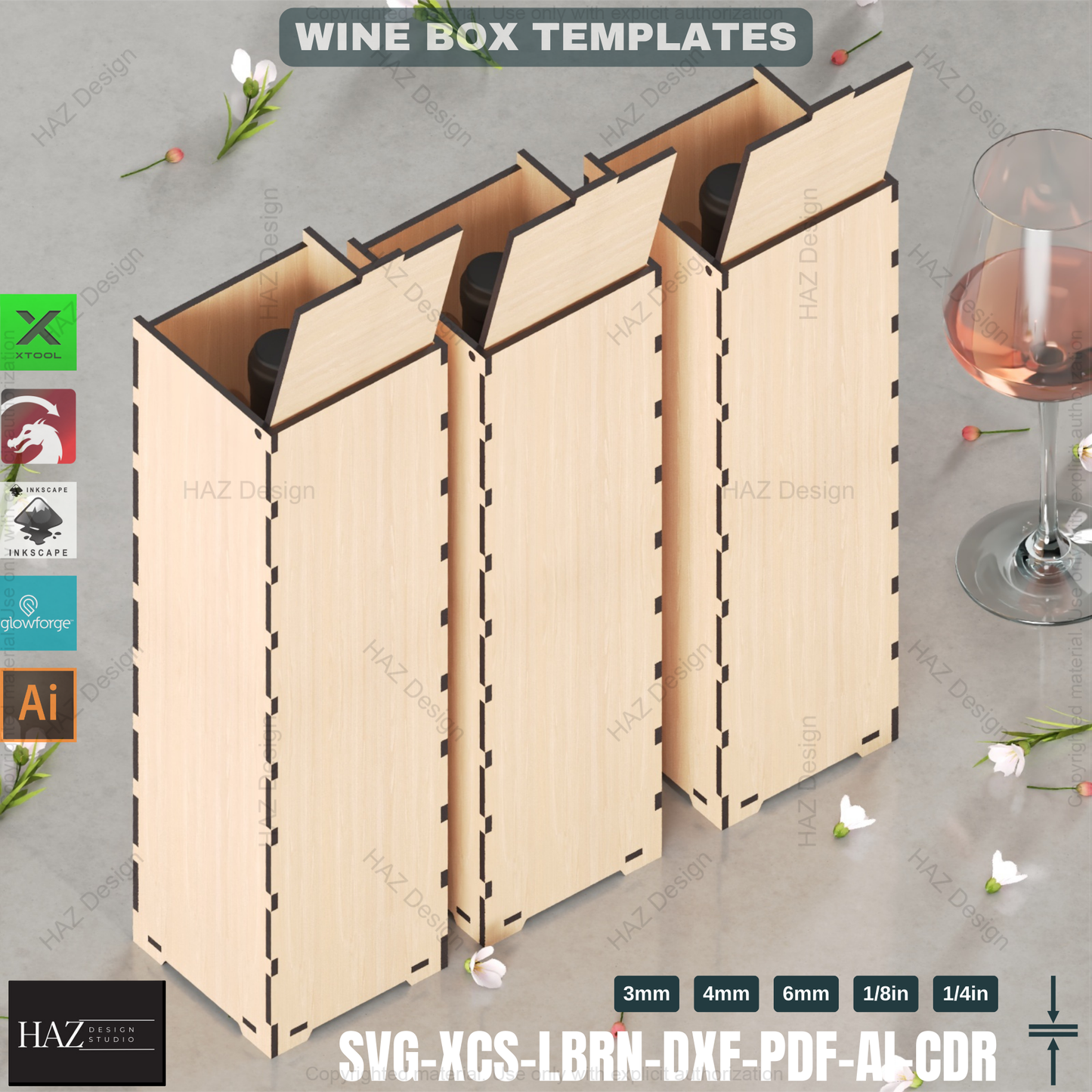 Laser Cut Wine Gift Box - 3 Sizes, 7 Designs - SVG Files,Wine Box Template - Laser Cut - 6 Thicknesses - Wood Gift 422