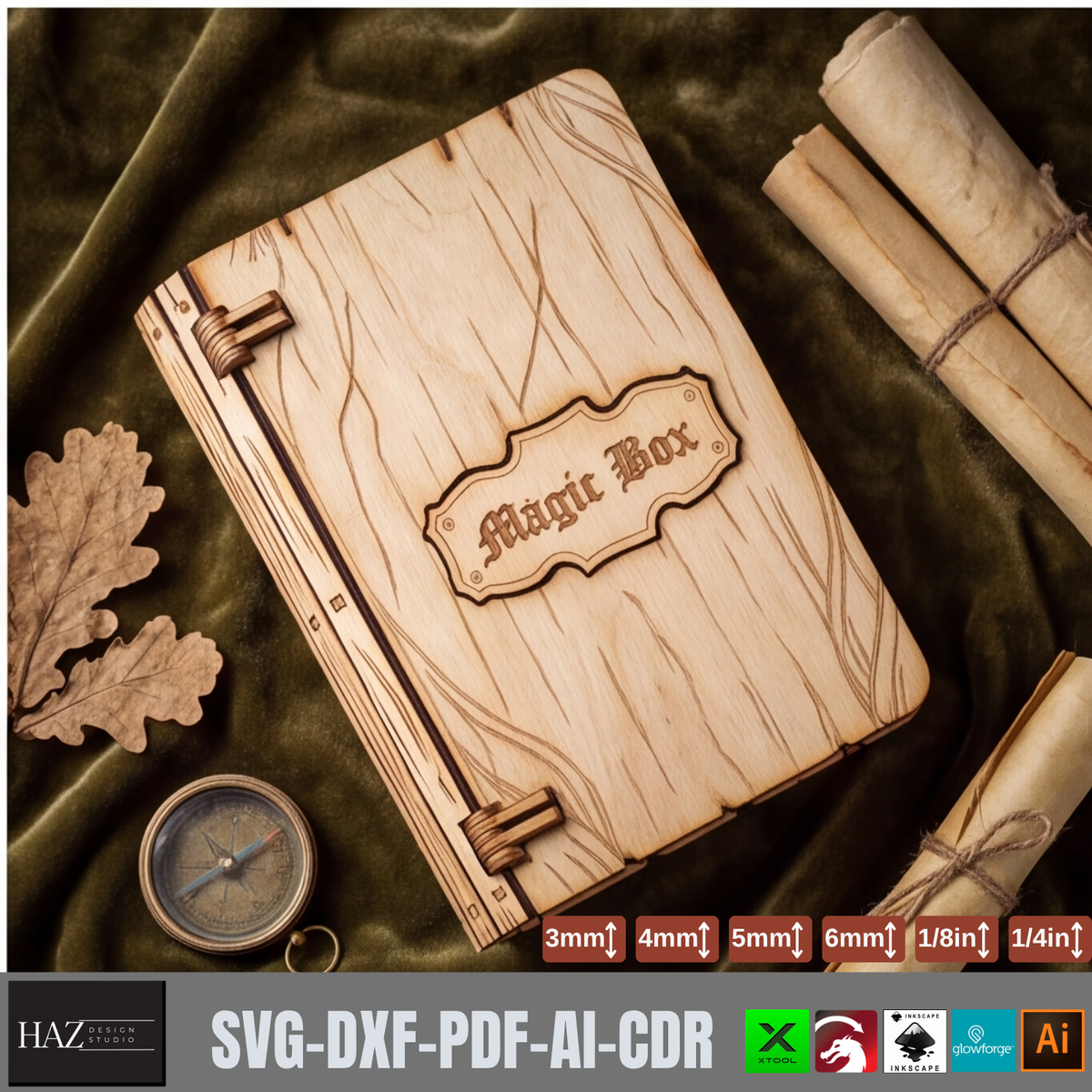 Magic Book Box Laser Cut File | Gothic Wooden Box SVG DXF Glowforge xTool