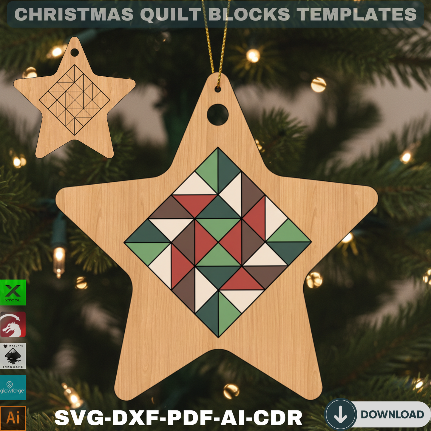 Quilt Pattern Christmas Tree Ornaments – Unique Laser Cut Holiday Decor 731