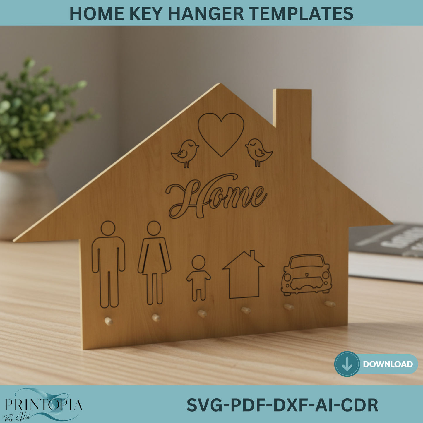 Family Home Key Hanger / Our House Keychain Holder / Housewarming Gift / Wooden Laser Cut Files / Digital Download 316