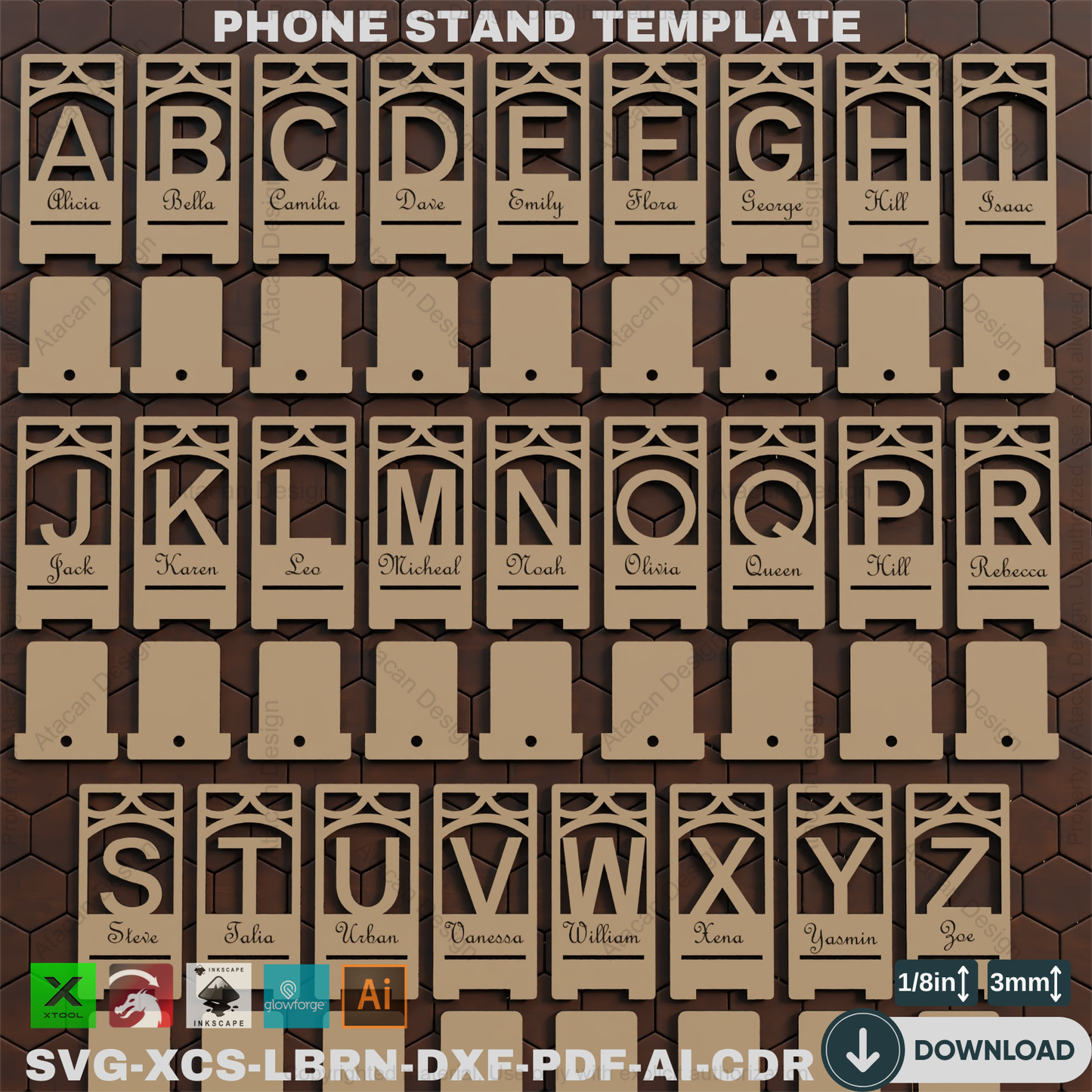 Laser Cut Phone Holder - 26 Letter Designs, Phone Stand SVG Files,Personalized Phone Stand - Laser Cutting Files, Alphabet Designs 867