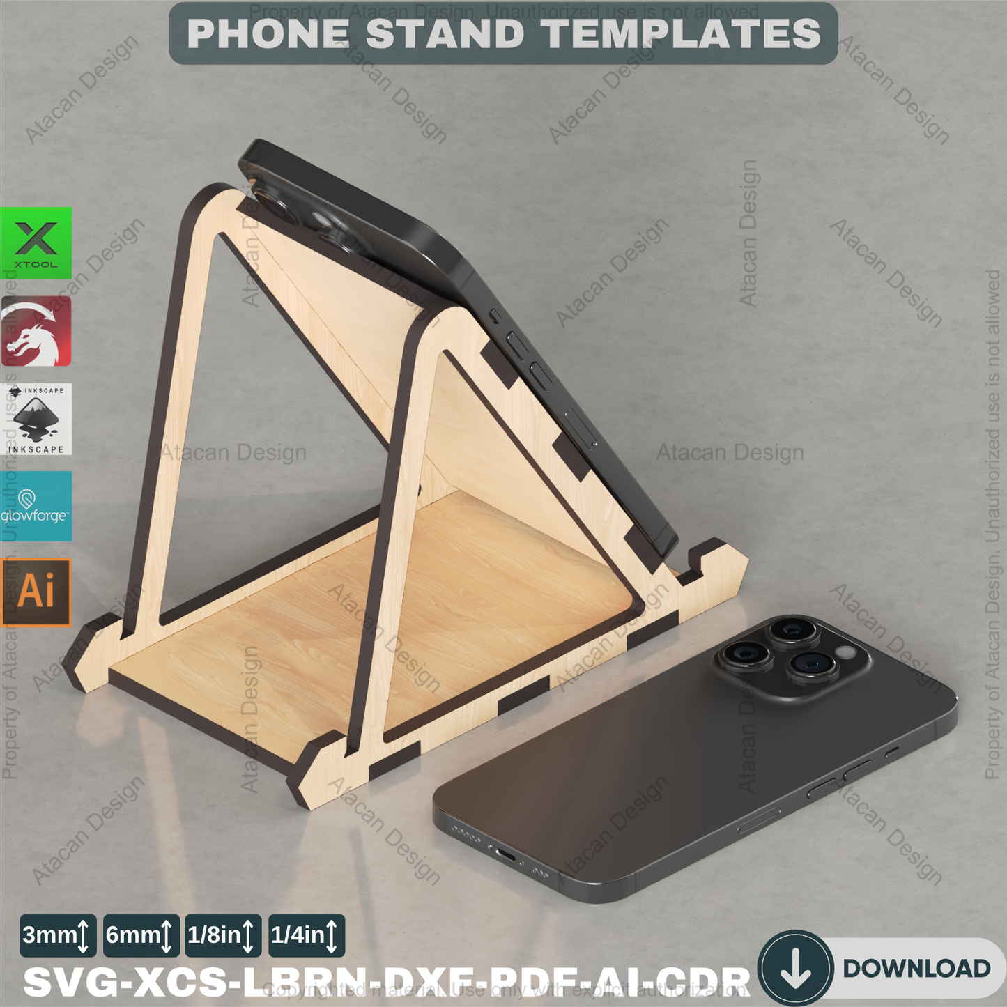 Modern Phone Stand Laser File, Desk Organizer for Home Office, Easy DIY Tech Gift for Glowforge & Xtool Ads108