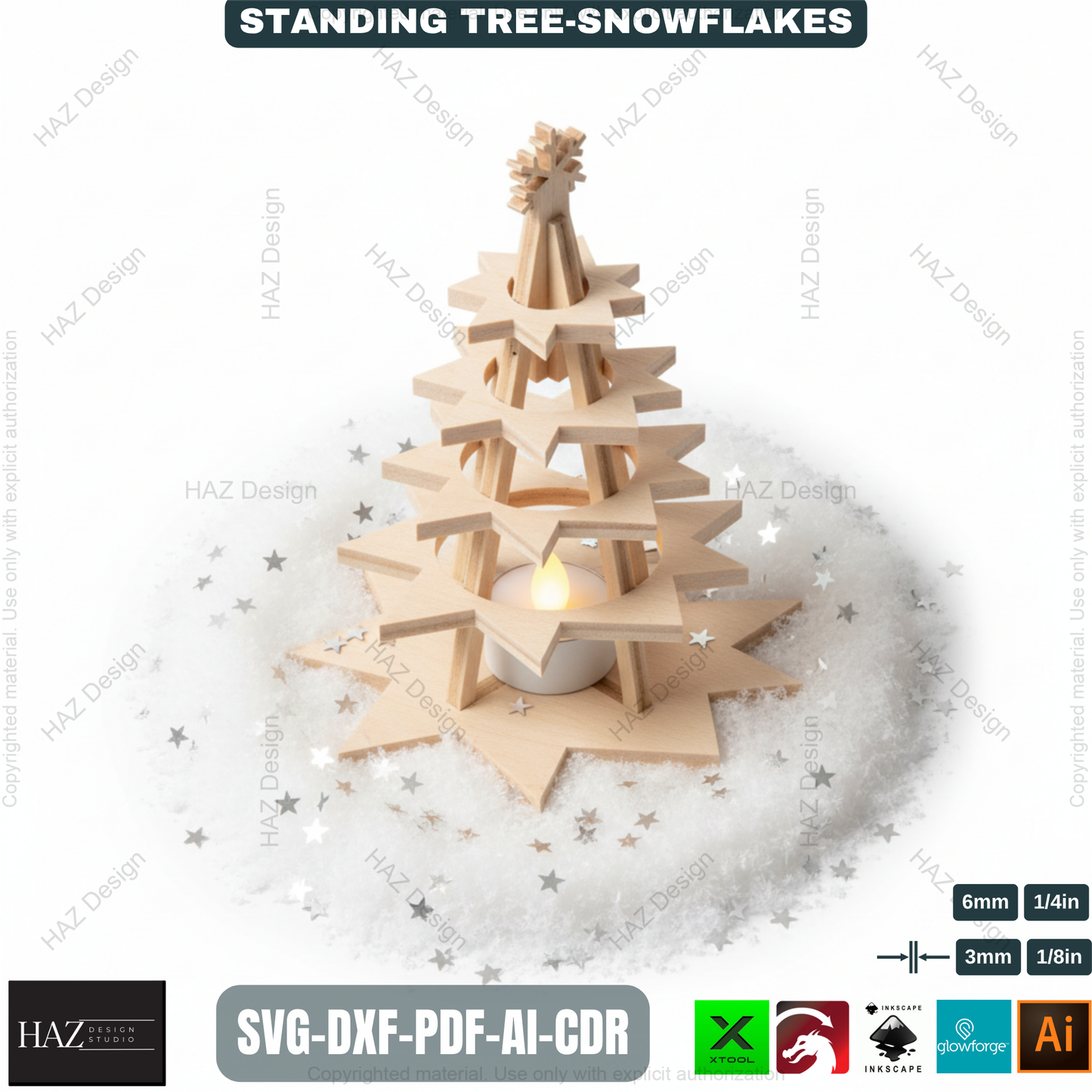 Wooden Snowflake Christmas Tree Light Decor Template Set Laser Cut Files for Holiday Table Centerpiece and Gift Craft 490