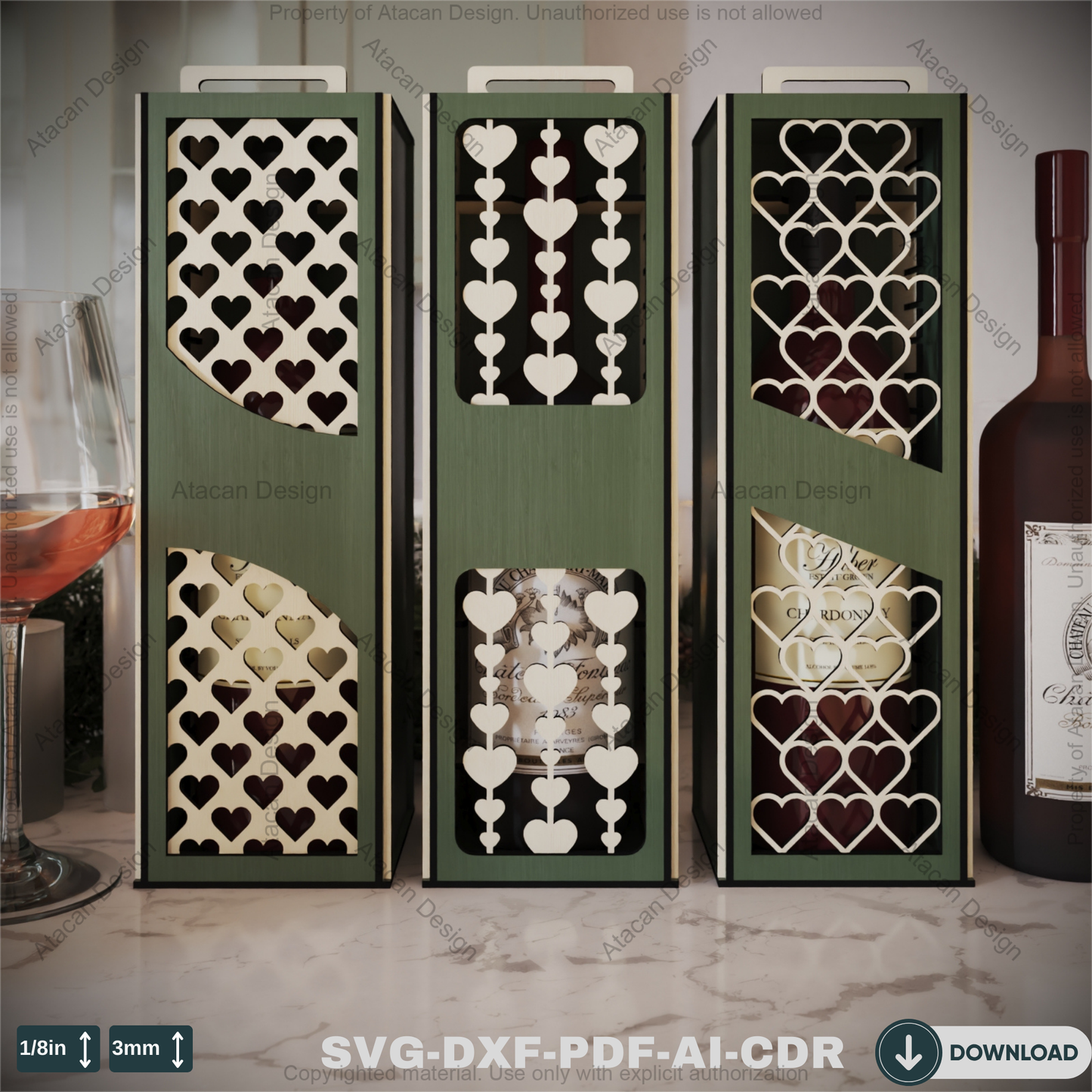 Laser Cut Wooden Wine Bottle Box with Heart Design - Perfect for Valentine's Day or Wine Gifts" 802