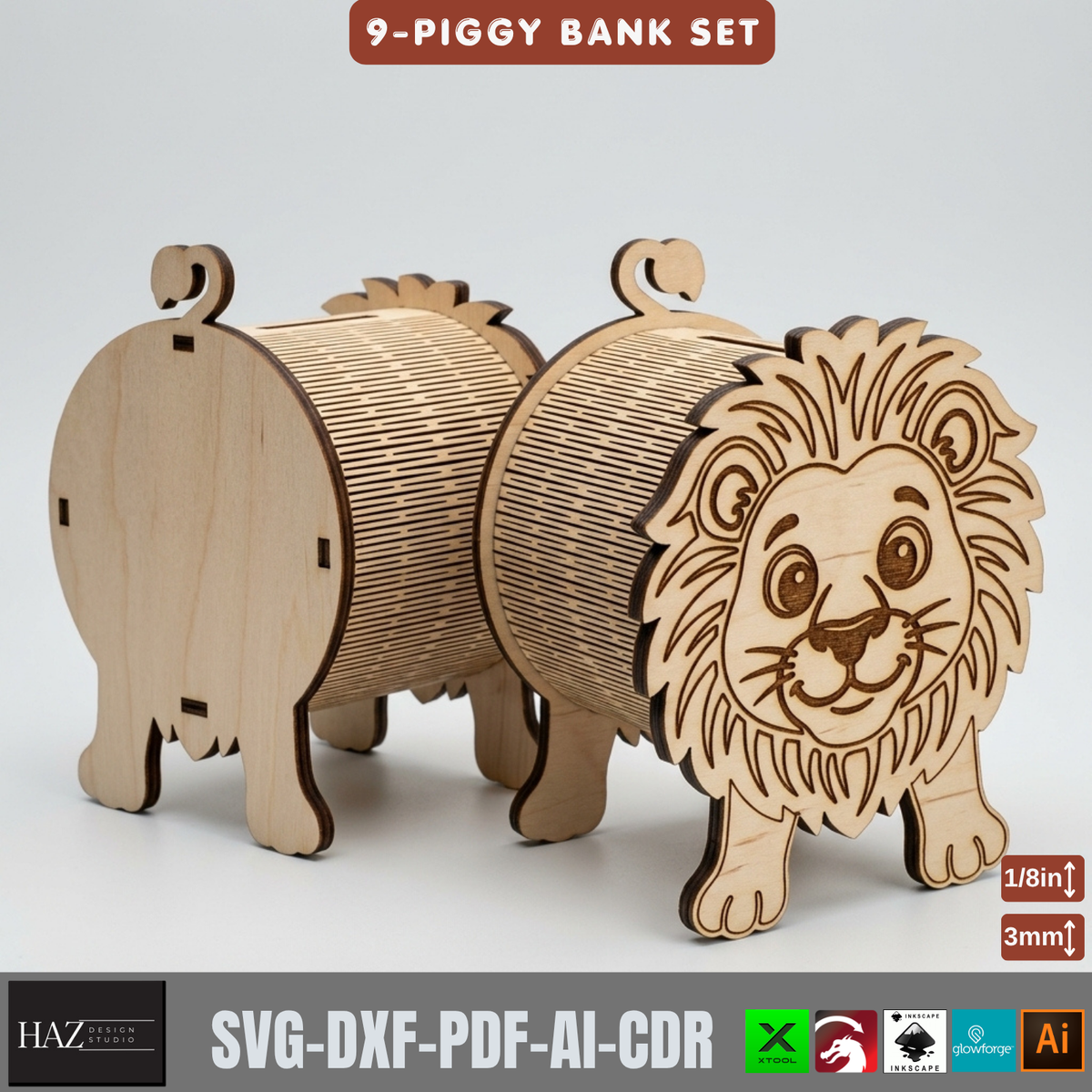Wooden Animal Money Box Laser Cut Template, Cat Dog Pig Piggy Bank Set 574