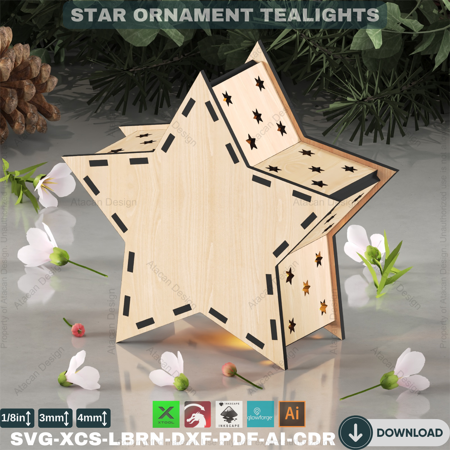 3D Star Night Light: Laser Ready Files, Candle Holder Pattern,10 design Christmas Star Table Lamp: Laser Cut Lantern, Holiday Decor 877
