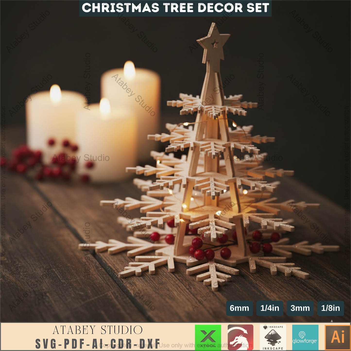 3D Christmas Snowflake Tree Decor Template for Laser Cutting | Standing Holiday Ornament Design for Glowforge, xTool, Lightburn Machines 965