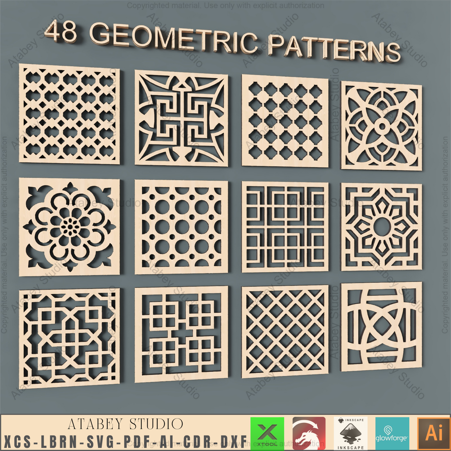Laser Cut Design Pack: 48 Geometric Patterns | Decor, Coasters & Panel Files,Decorative Vector Art Bundle | 48 Square & Circle Laser Cut Templates 940