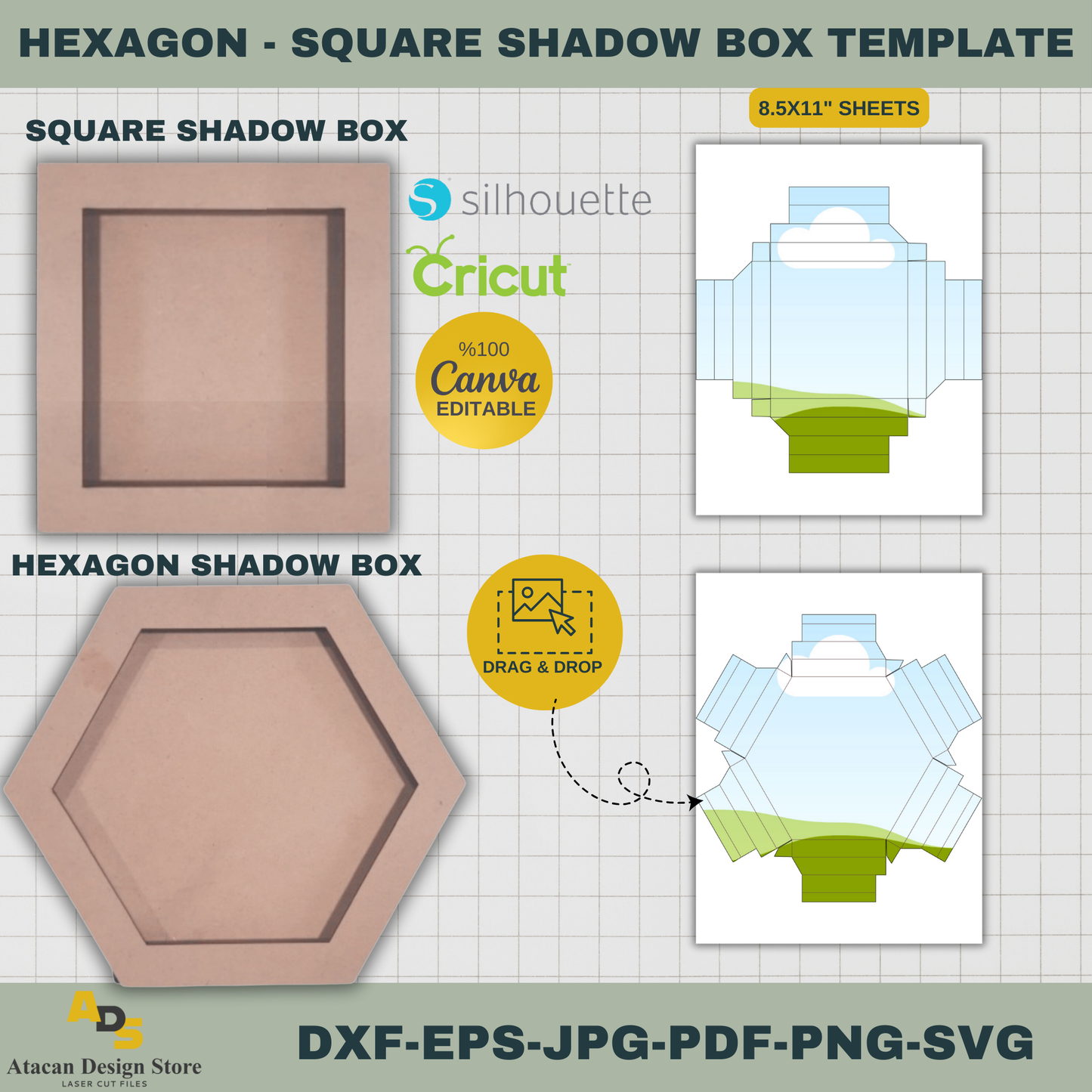 3D Hexagon & Square Shadow Box SVG Template | Laser Cut File for Cricut Silhouette | Editable in Canva | Instant Download 742