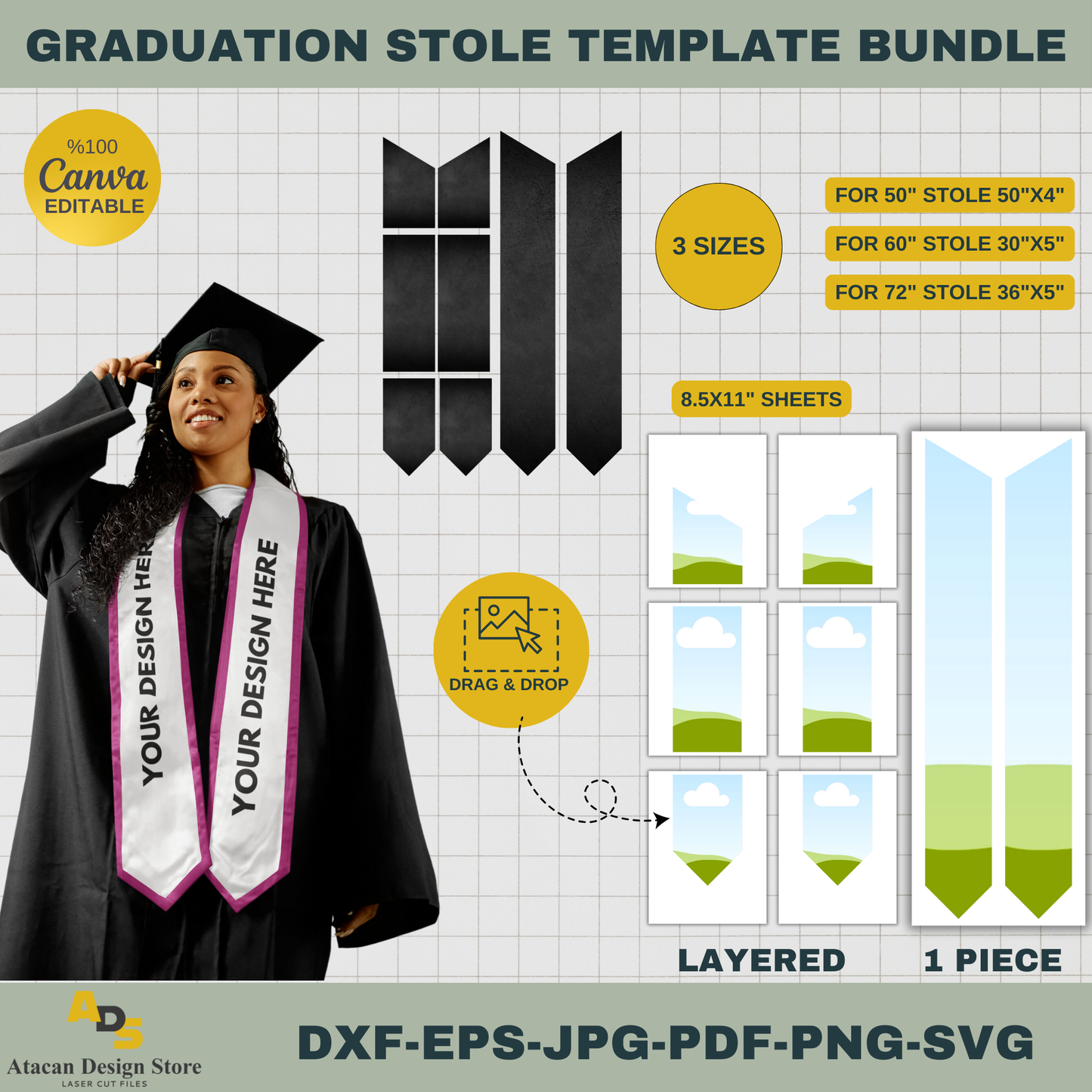 Editable Graduation Stole Template | 50", 60", 72" Stole Sizes | Perfect for DIY Customization 743