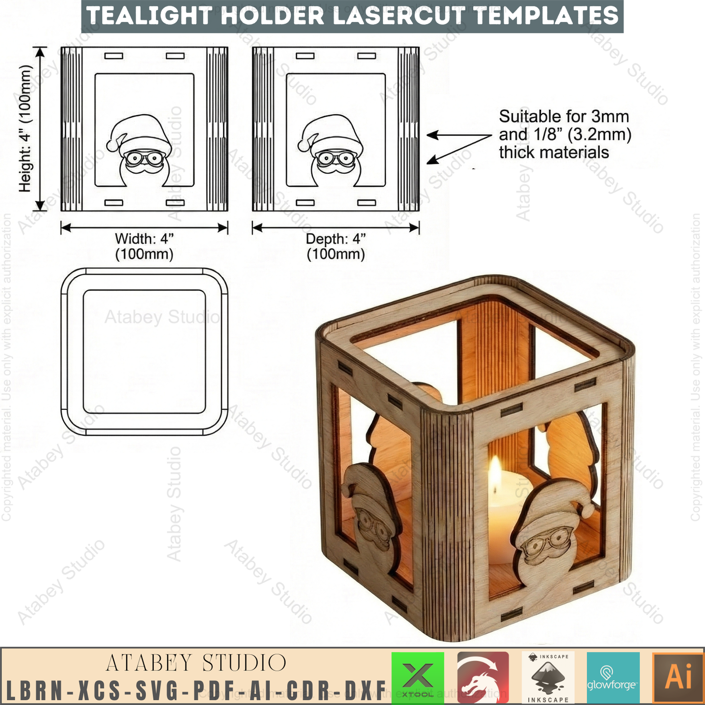 Christmas Laser Cut Tealight Holder, Santa Lantern Box Template, Living Hinge Candle Stand, Holiday Table Decor 974