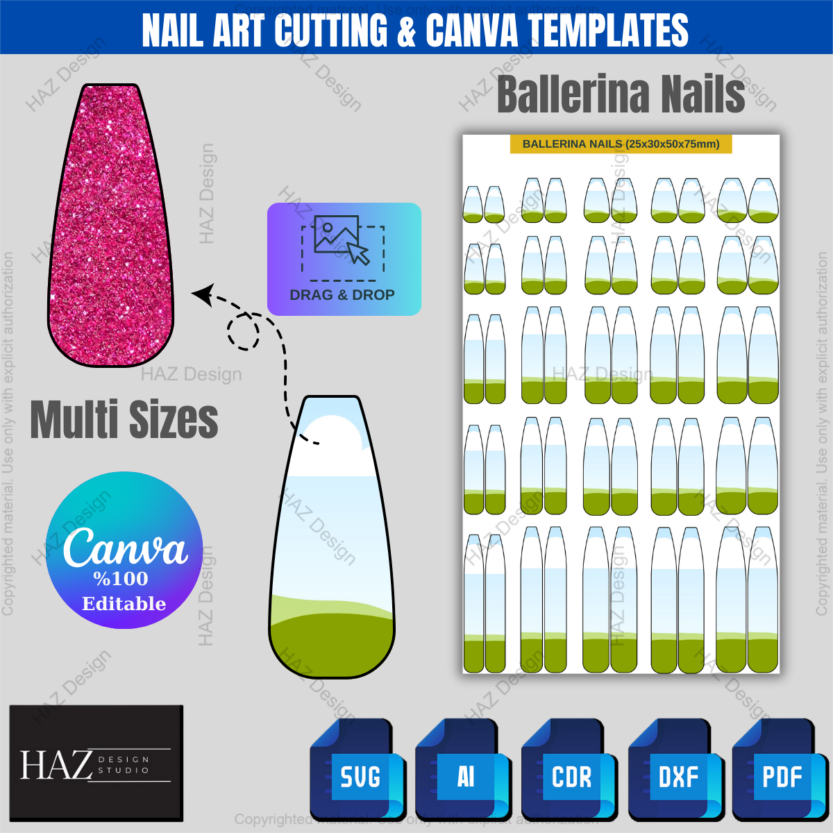 Press On Nail Sizing Kit, Editable Canva Template, SVG Nail Decal Bundle, All Shapes, Printable Nail Wraps for Cricut & Silhouette