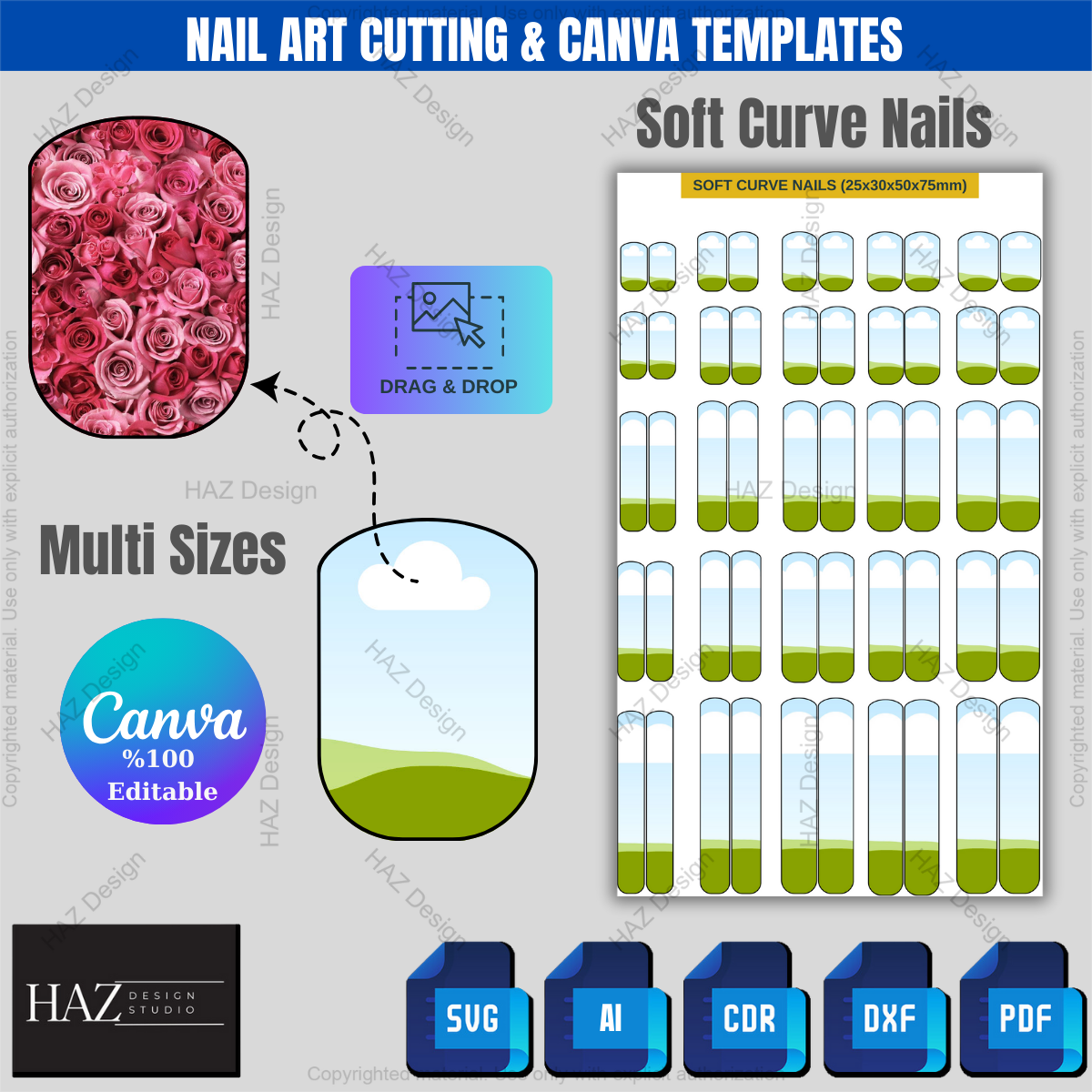 Press On Nail Sizing Kit, Editable Canva Template, SVG Nail Decal Bundle, All Shapes, Printable Nail Wraps for Cricut & Silhouette