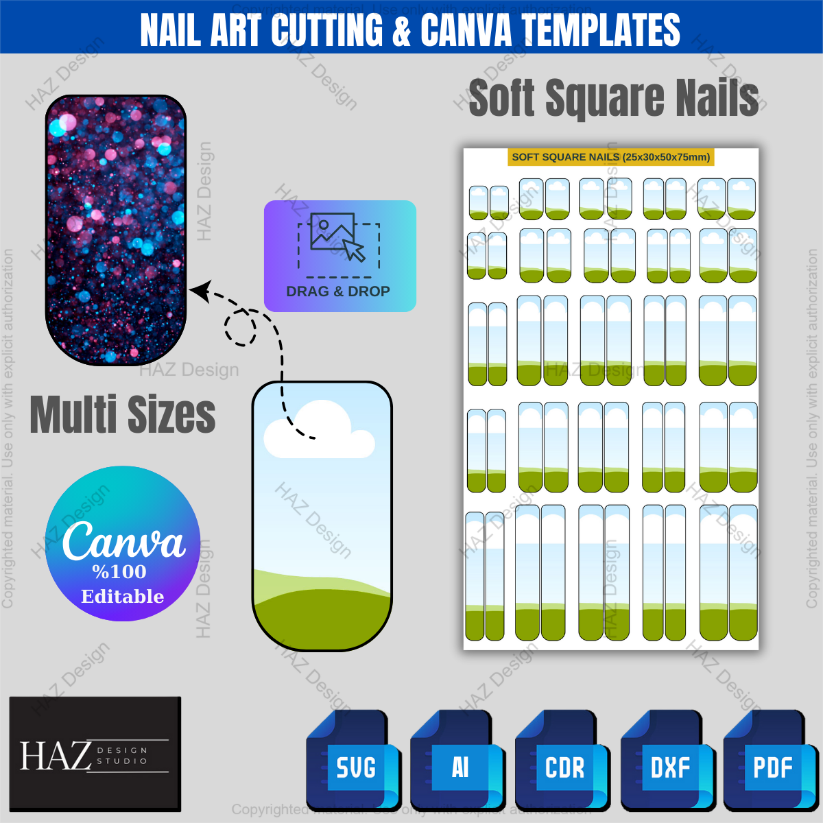 Press On Nail Sizing Kit, Editable Canva Template, SVG Nail Decal Bundle, All Shapes, Printable Nail Wraps for Cricut & Silhouette