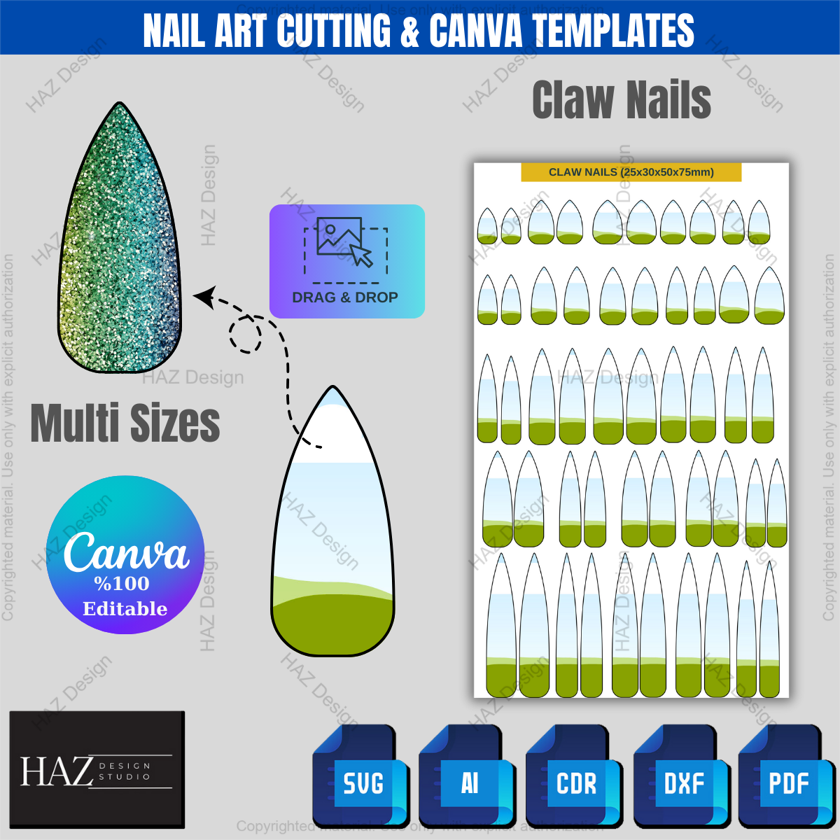 Press On Nail Sizing Kit, Editable Canva Template, SVG Nail Decal Bundle, All Shapes, Printable Nail Wraps for Cricut & Silhouette
