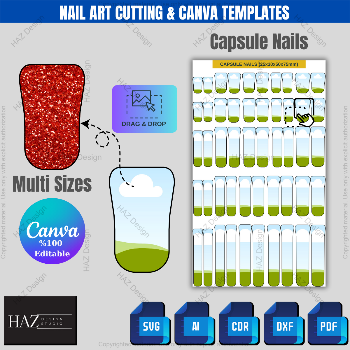 Press On Nail Sizing Kit, Editable Canva Template, SVG Nail Decal Bundle, All Shapes, Printable Nail Wraps for Cricut & Silhouette