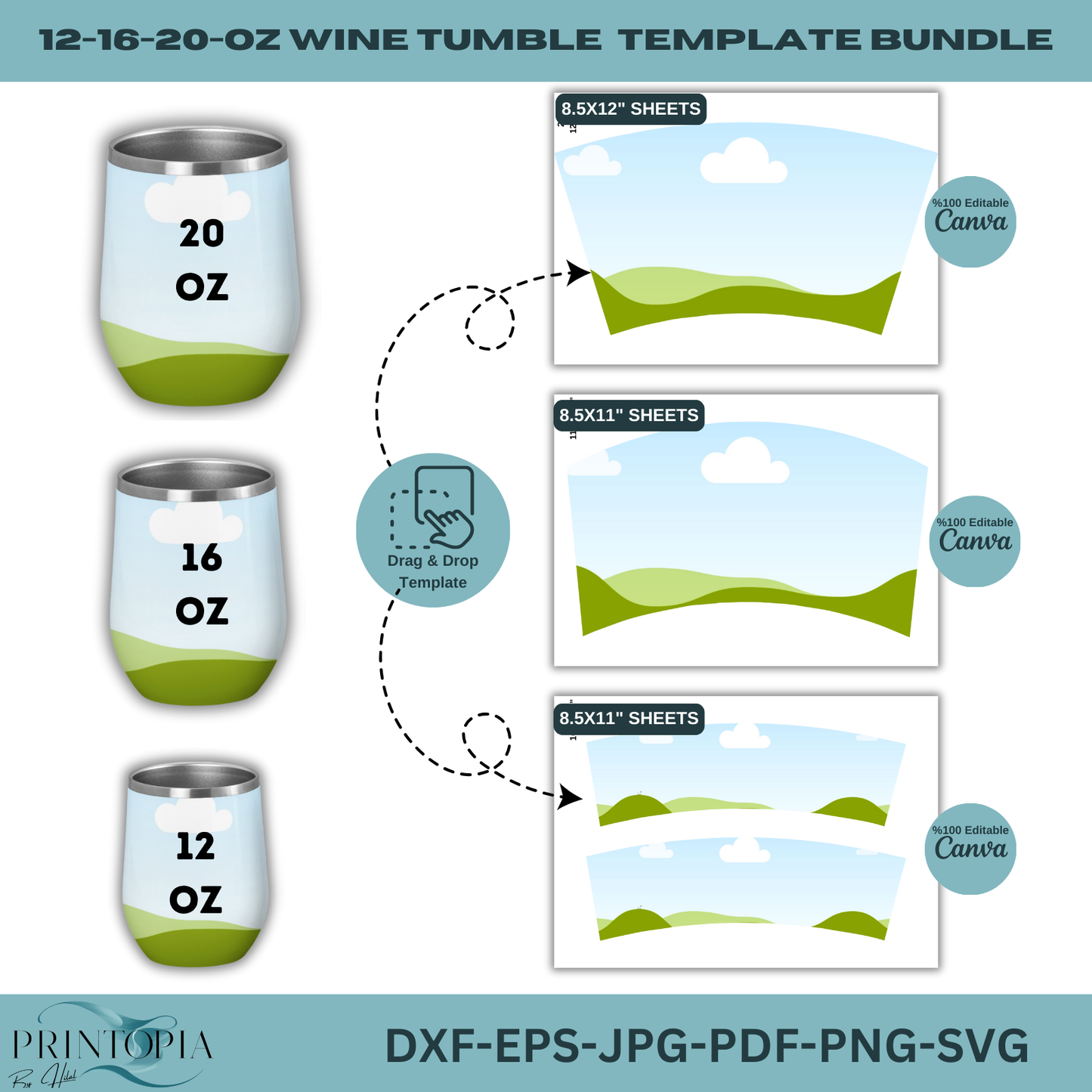 Sublimation Wine Tumbler Wrap Template Set for 12-16-20 oz Editable Canva Design Files SVG, PNG, PDF, dxf formats 122