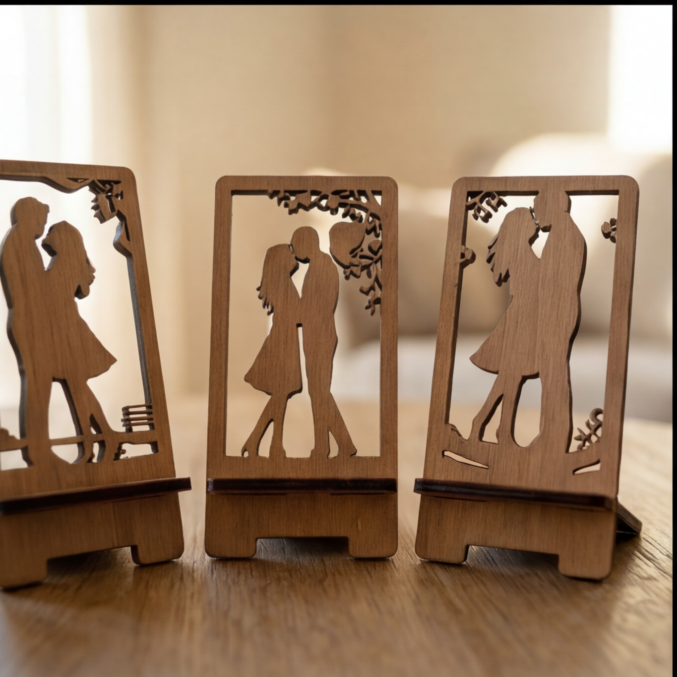Romantic Couple Silhouette Phone Stand Template Wooden Display Holder Desk Organizer Anniversary Gift
