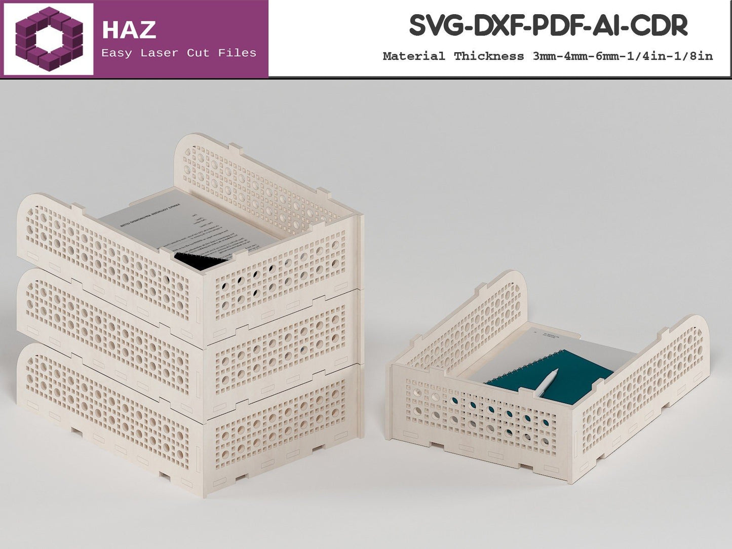 002 Wooden Stackable Paper Tray / Stacking Document Organizer / Office Desk Letter Trays / Svg Dxf Cdr Ai Files 002