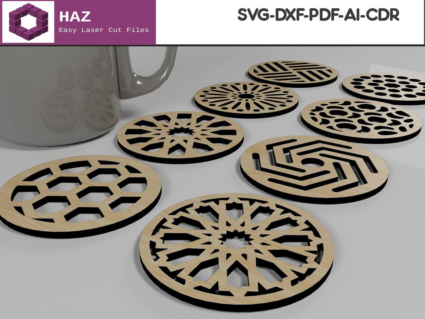 036 Set of 6 Geometric Coasters / Mom Gift Wood Coaster / Digital Cutting Files SVG DXF CDR Ai 036