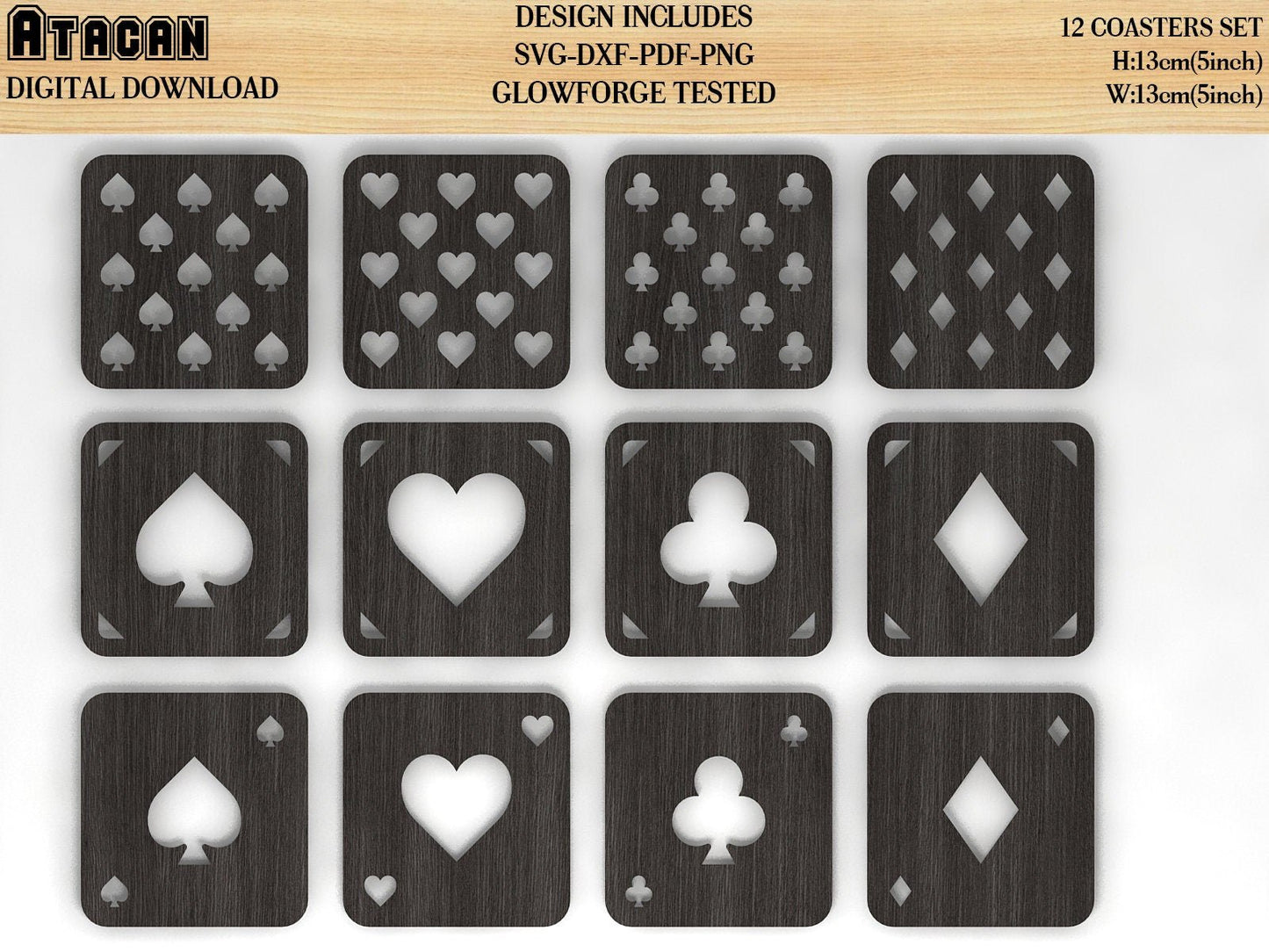 12 Casino Playing Coaster Svg Bundle, Grill Trivet Templates, laser cutting file, glowforge files 111