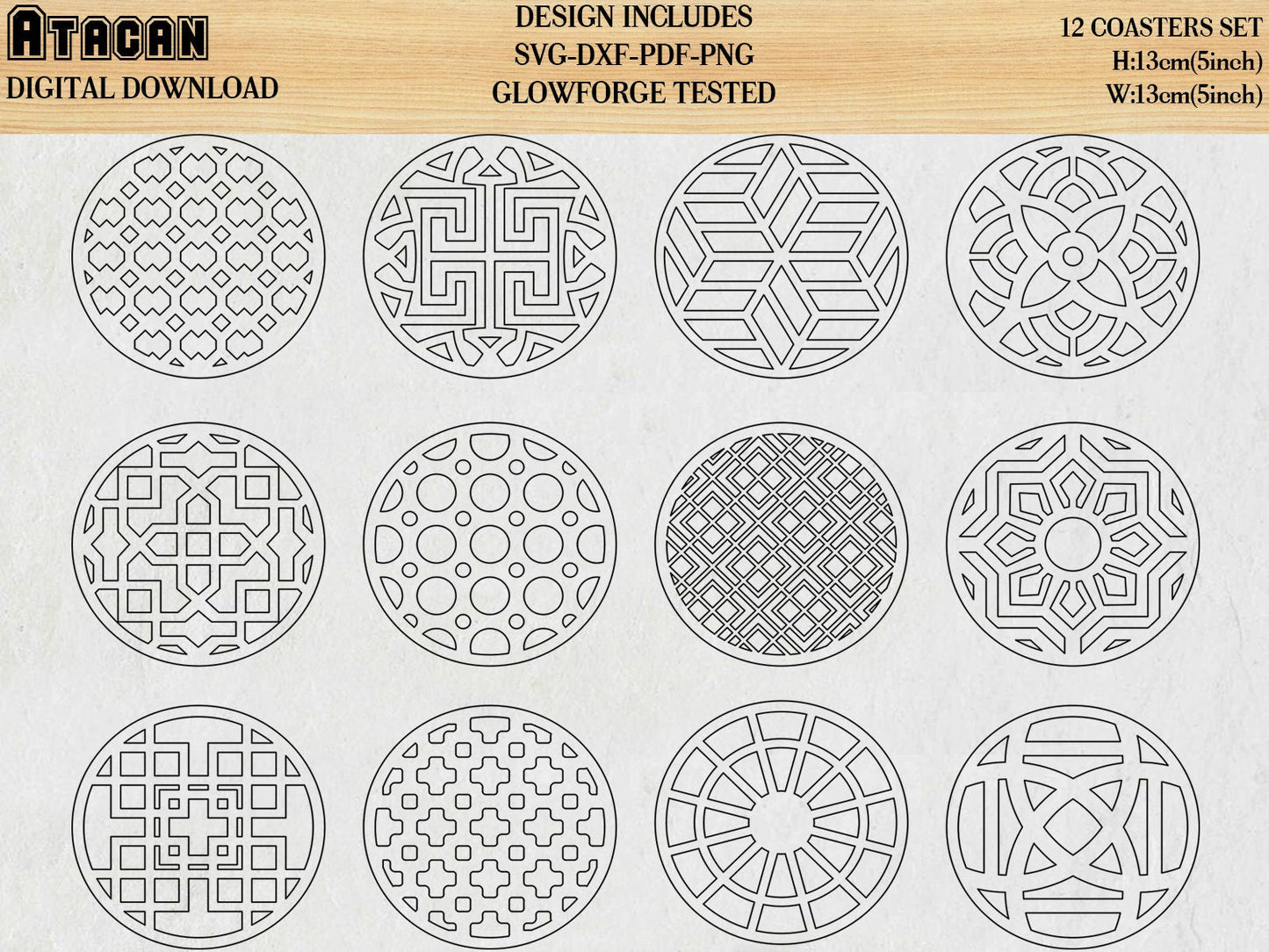12 Coaster Svg Bundle, Round costers laser cutting file, glowforge files 110