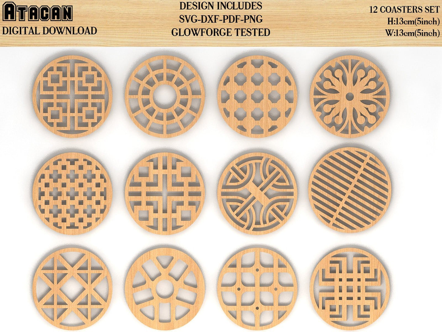 12 Coaster Svg Bundle, Round costers laser cutting file, glowforge files 110