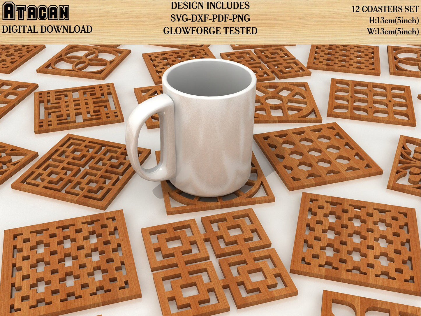 12 Coaster Svg Bundle, Square costers laser cutting file, glowforge files 108