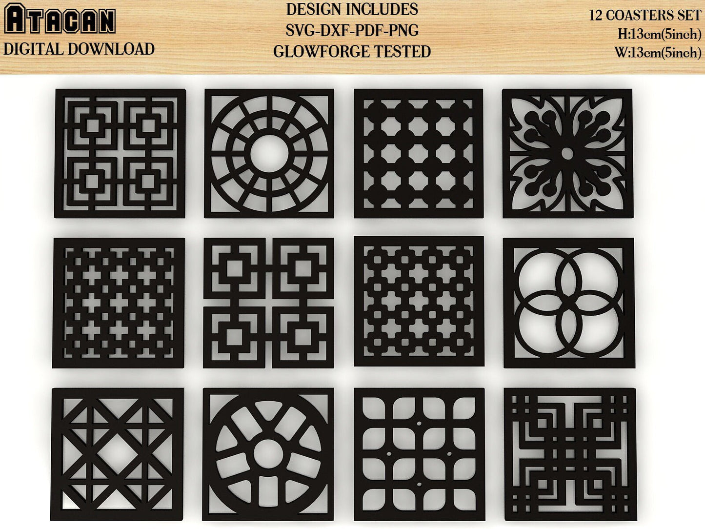 12 Coaster Svg Bundle, Square costers laser cutting file, glowforge files 108