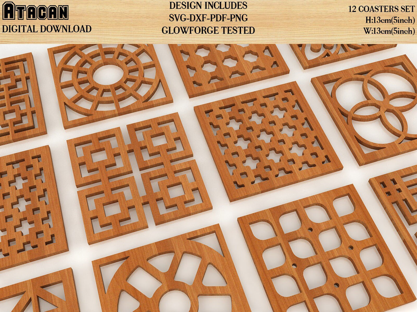 12 Coaster Svg Bundle, Square costers laser cutting file, glowforge files 108