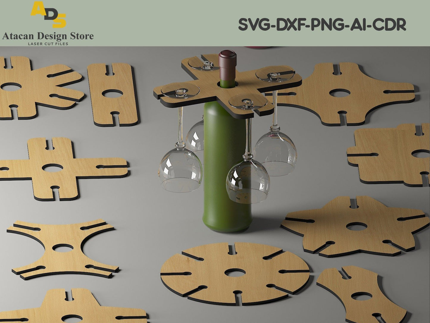 15 Designs Laser Cut Wine Caddy Glass Holder / Any Material Thickness / Vector DXF, SVG Files For Laser Cut 252