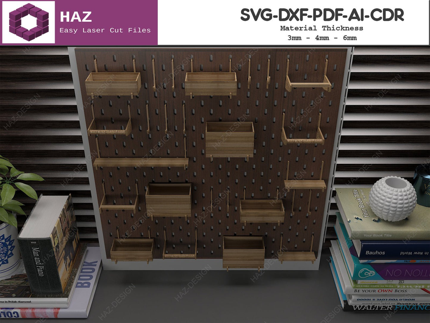 2 Size Perforated Peg Board and Hooks / Wooden Pegboard With Accessories / Wall Organizer Shelves SVG Ai DXF CDR 082