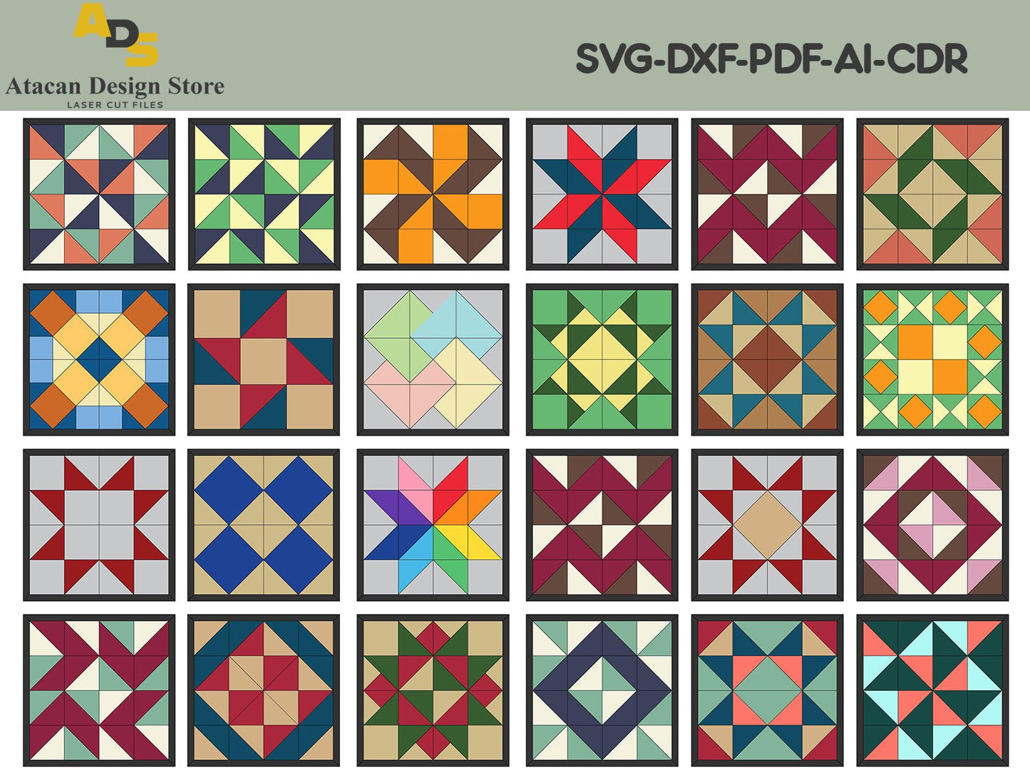 24 Barn Quilt Mega Bundle / SVG Laser cut Files / Laser Ready Glowforge Projects / Quilts with Color plans ADS148