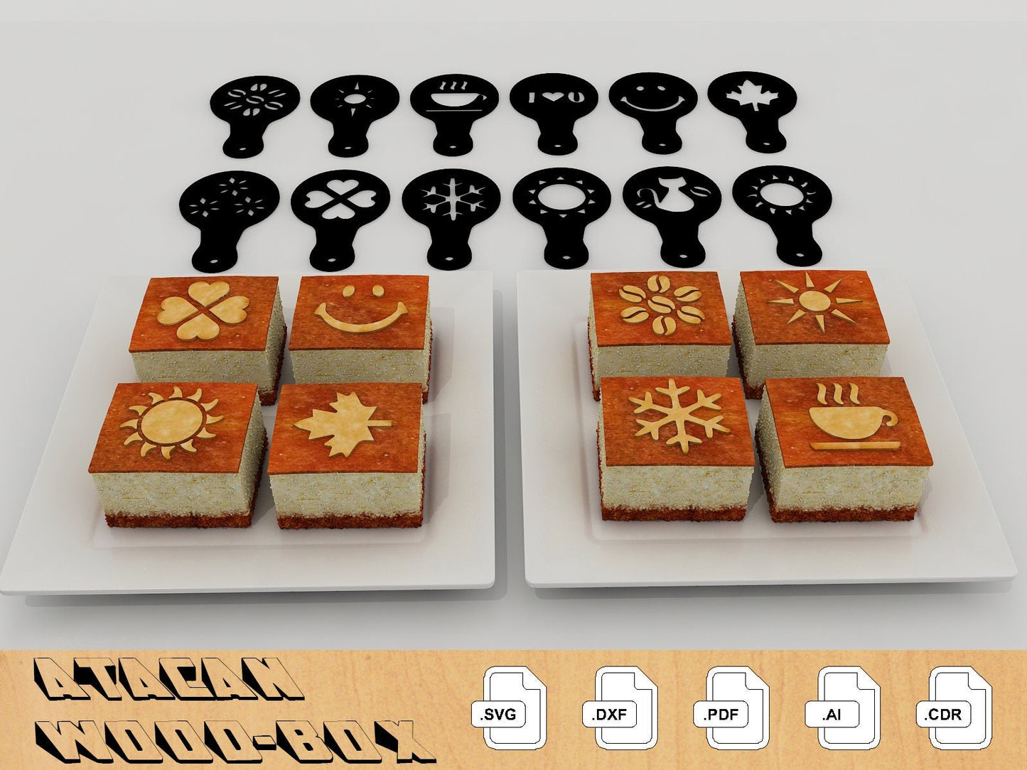 24 Pcs Cooking Stencils / Coffee Barista Stencils / Glowforge Laser cut files / Cake decorating templates 253