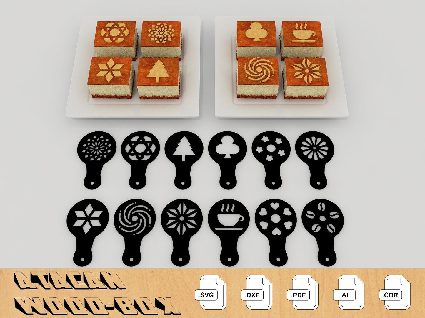 24 Pcs Cooking Stencils / Coffee Barista Stencils / Glowforge Laser cut files / Cake decorating templates 253