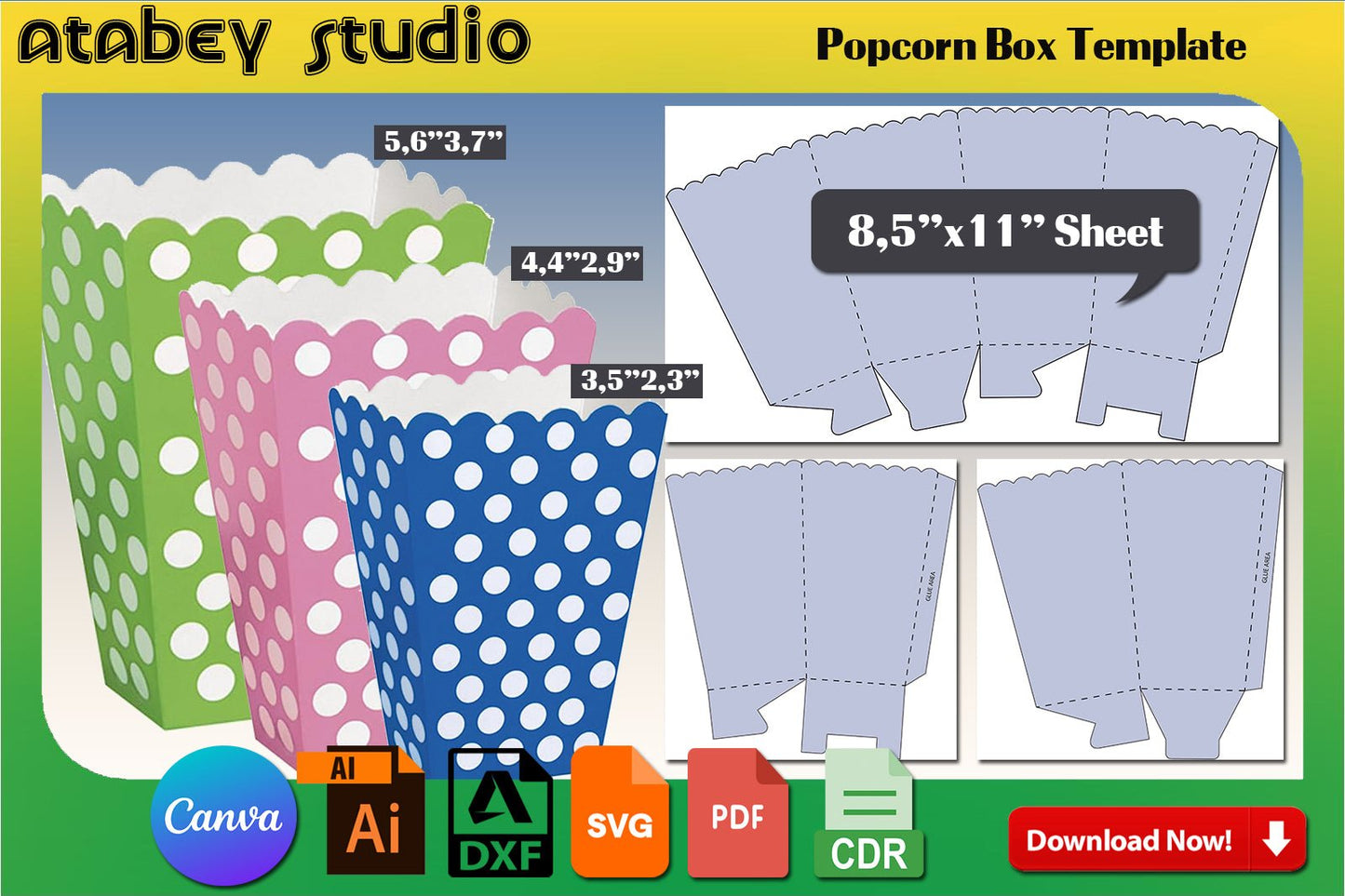 3 sizes Popcorn Box Template Set / DIY Snack Box / Popcorn Bucket / Party Favor Decorations Svg Dxf Ai Cdr 524