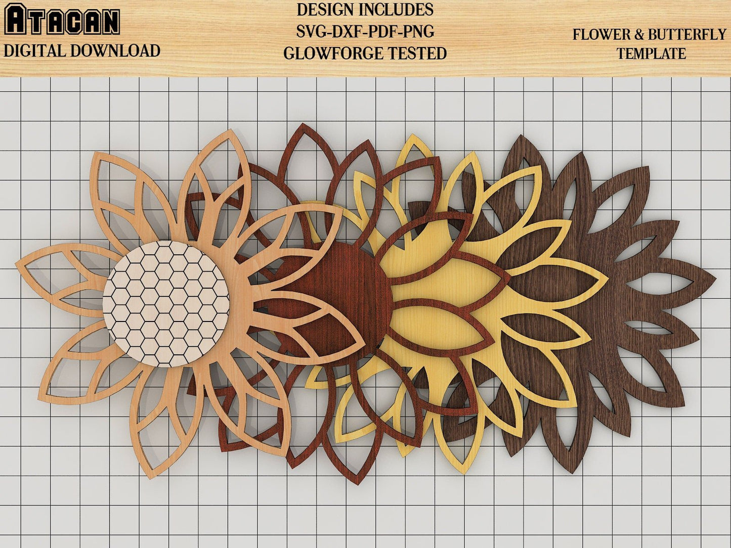 3D Mandala Sunflower SVG file, layered Butterfly and Bug laser cut template, wall art decoration 233