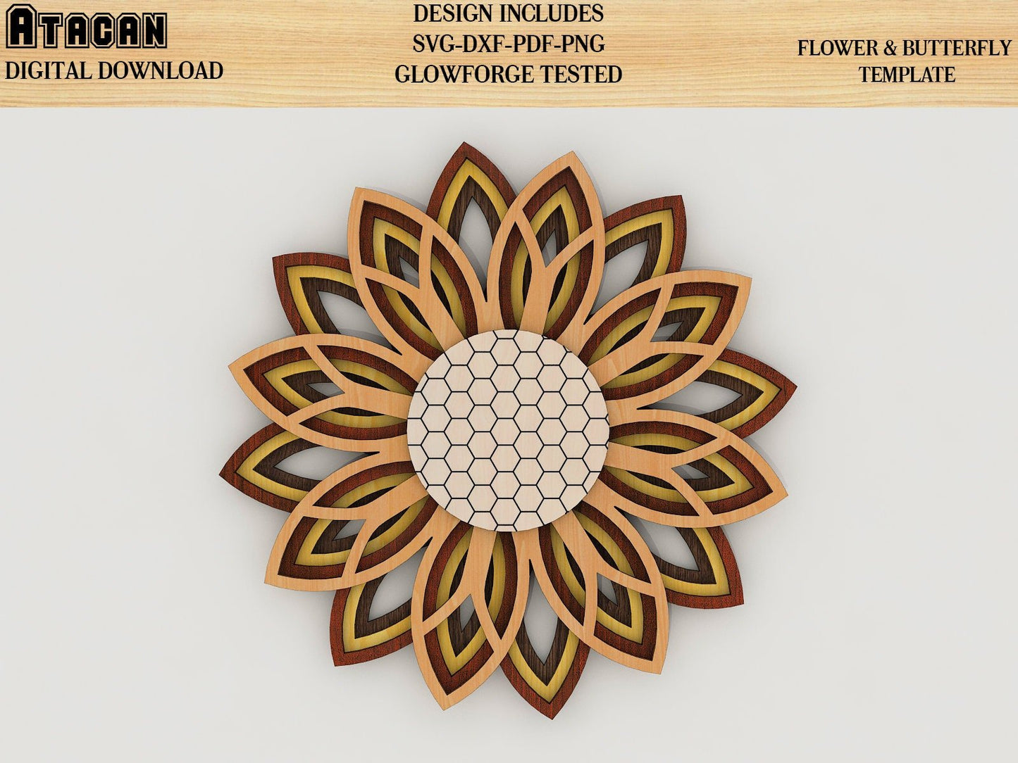 3D Mandala Sunflower SVG file, layered Butterfly and Bug laser cut template, wall art decoration 233