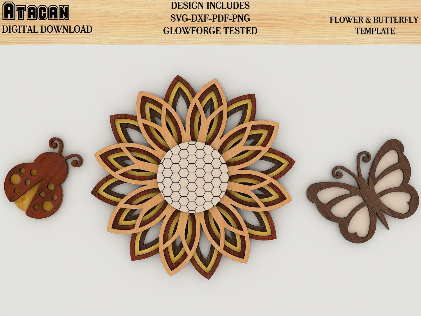 3D Mandala Sunflower SVG file, layered Butterfly and Bug laser cut template, wall art decoration 233