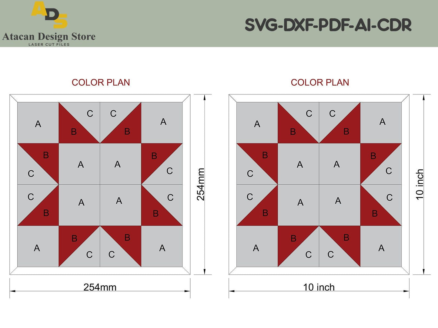 6 Barn Quilt Block Laser Templates / Color Quilt Patterns / Svg Cutting Files / Cuttable Design for Laser ADS142