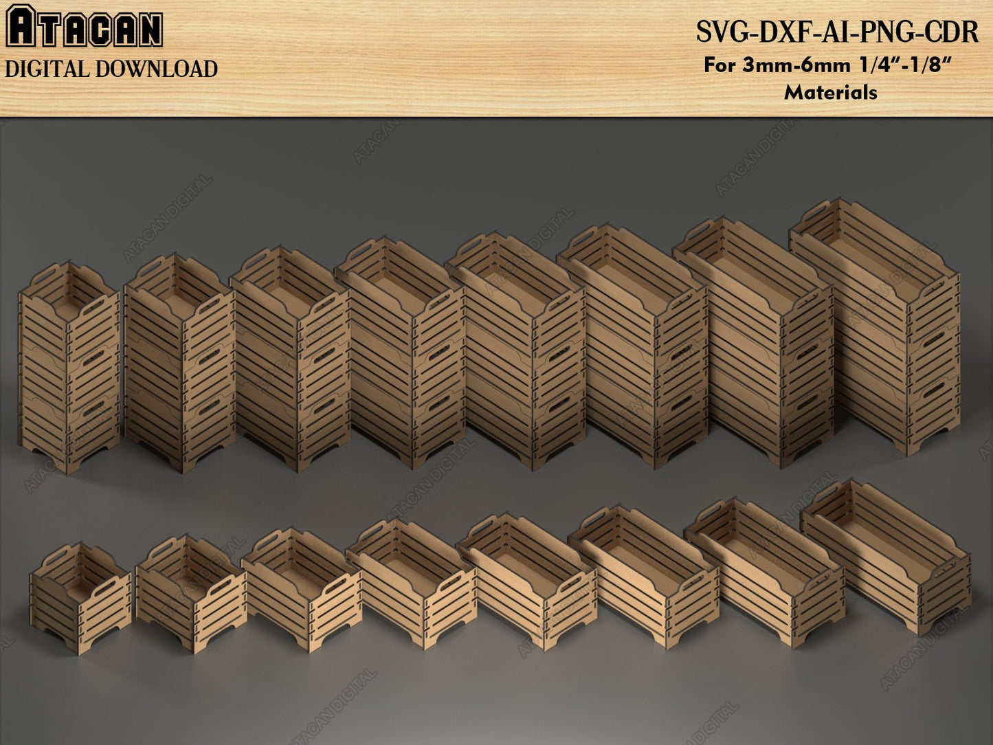 9 Stackable Storage Boxes - Modular Box Laser Cut SVG Files - Wooden Box Cut Plans 529