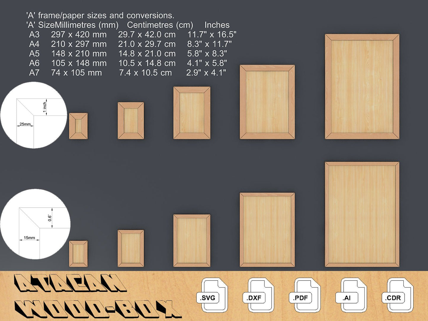 A Sizes Laser cut SVG files , Frame Glowforge laser cut SVG file, A3-A4-A5-A6-A7 sizes 037
