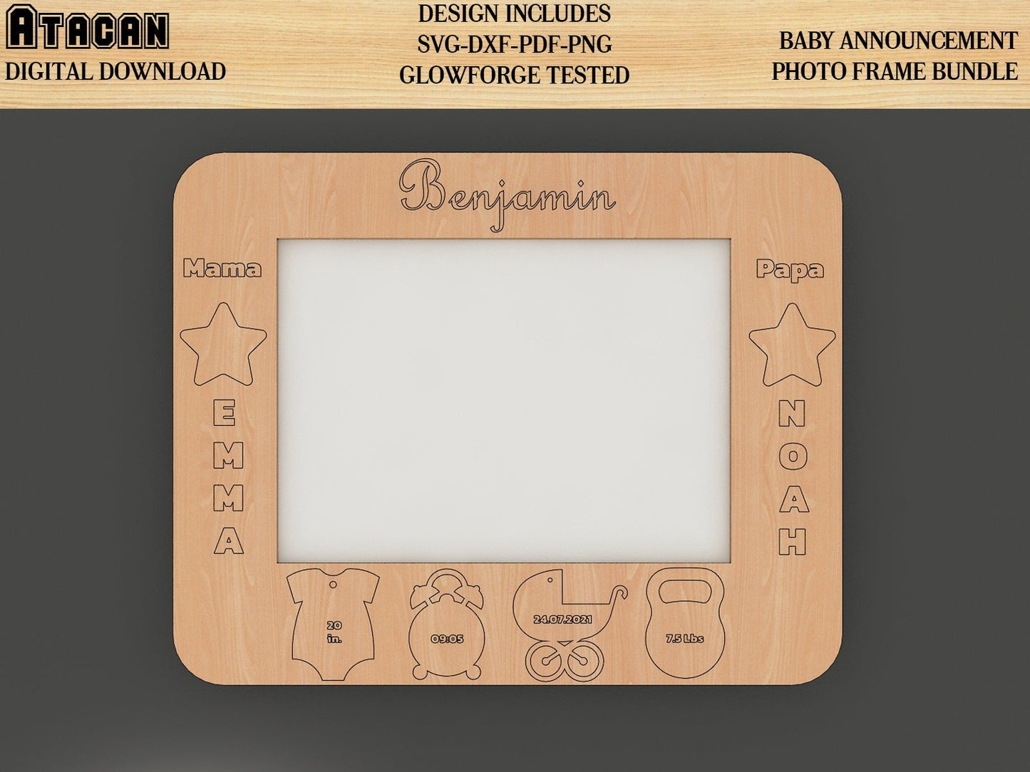 Baby announcement photo frame SVG file / birth details frame laser cut file 195