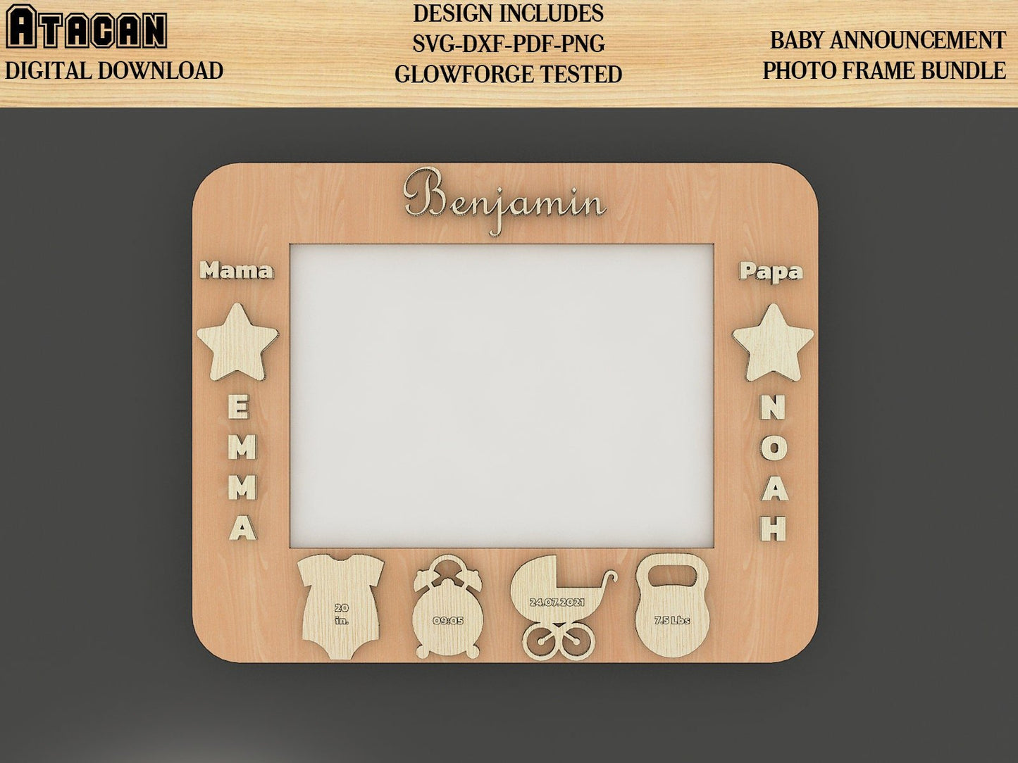 Baby announcement photo frame SVG file / birth details frame laser cut file 195