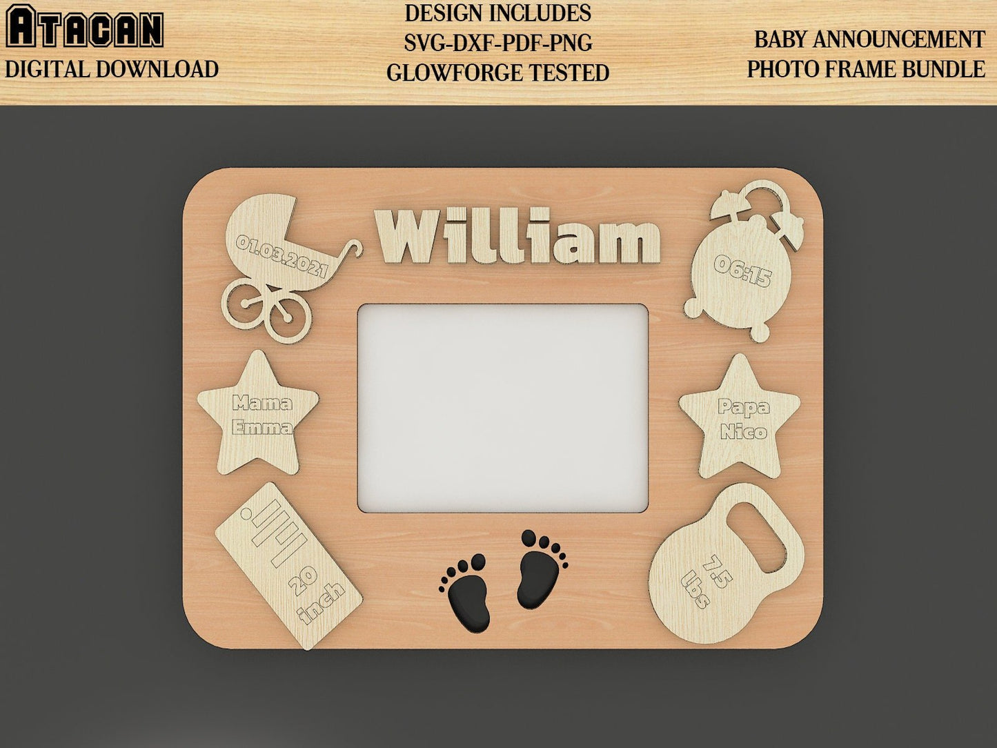 Baby announcement photo frame SVG file / birth details frame laser cut file 195