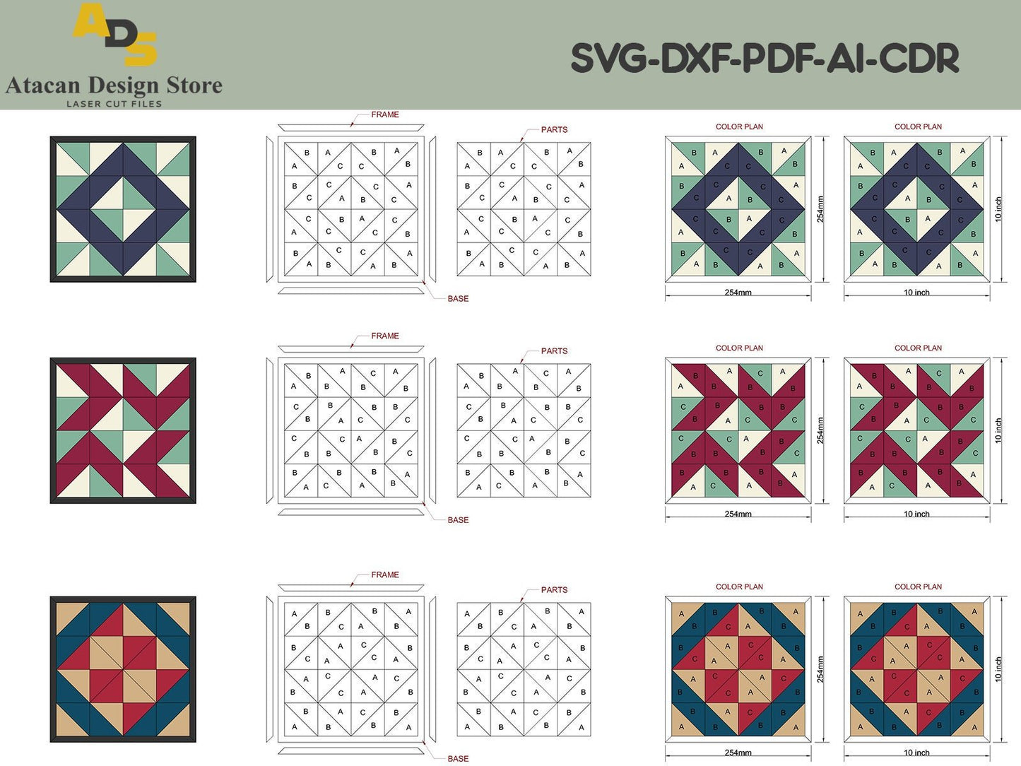 Barn Quilt SVG Laser cut File / Laser Ready Glowforge Projects / Quilts with Color plans ADS147