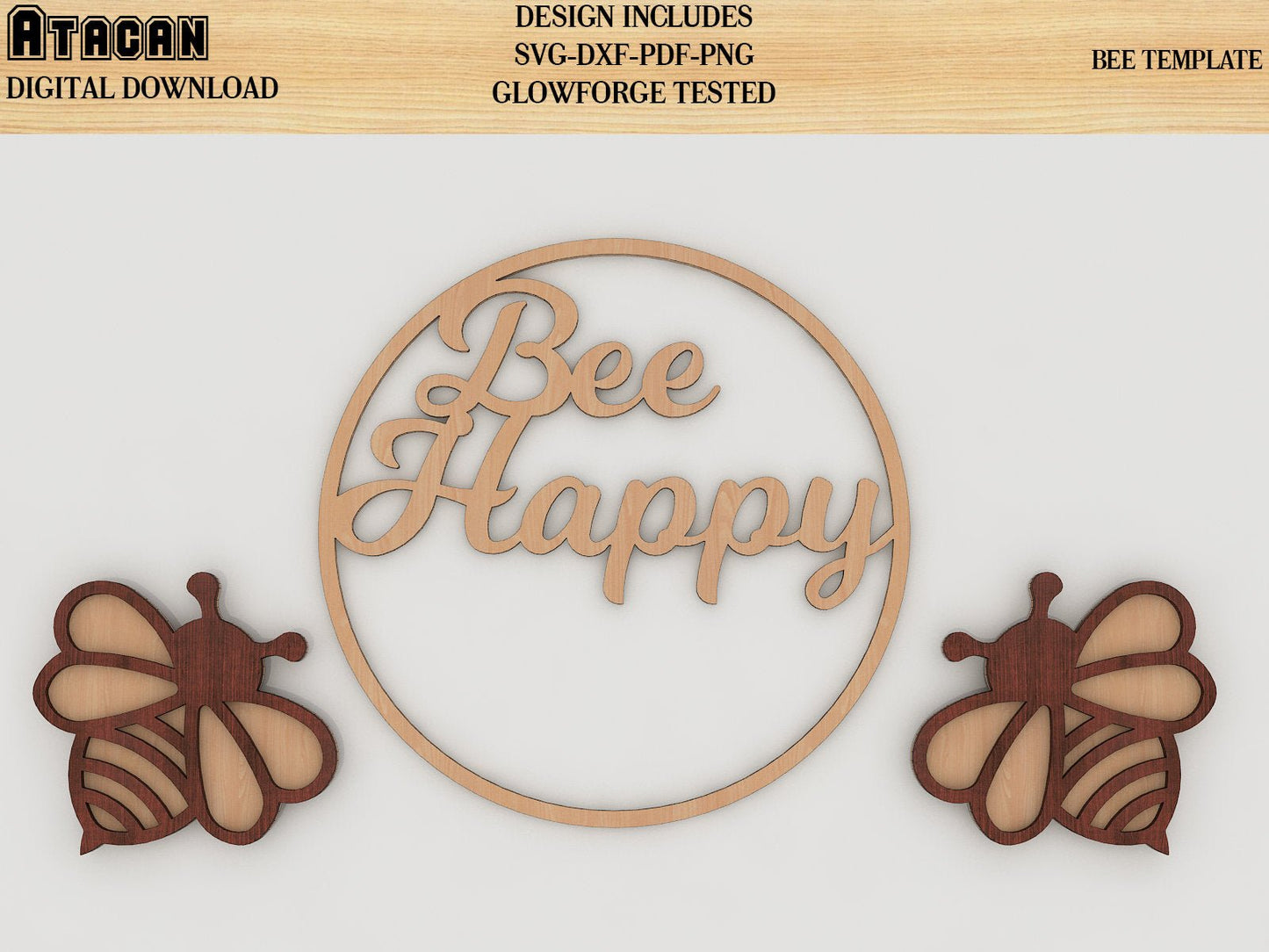 Bee Happy Hoop laser cut SVG file, Honey Bee wall art decoration, glowforge digital download 235